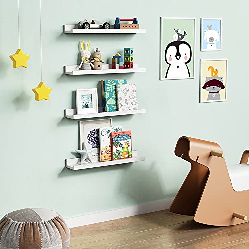 Forbena Floating Nursery Book Shelves for Wall, 24 Inches Long Wall Bookshelf for Kids Room, White Picture Ledge Shelf with Lip for Kid Toddler Child Childrens Bedroom Books (Solid Wood, Set of 4) - color: White, size: 23.1 Inch
