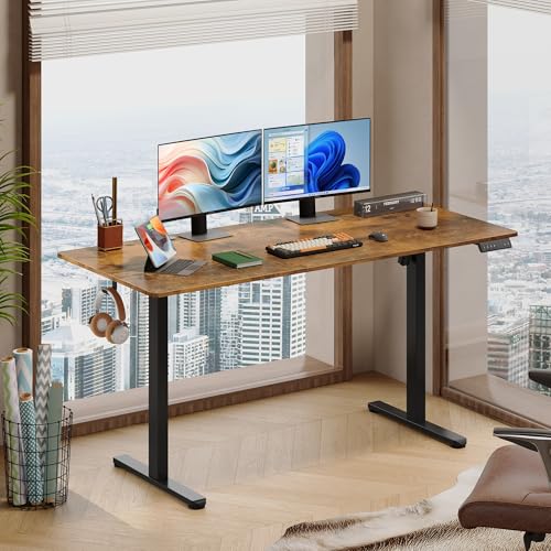 DEVAISE 63 Inch Electric Standing Desk, 3 Adjustable Computer Desk for Home Office, Ergonomic Sit to Stand Desk with LED Touchscreen，Headphone Hook, 3 Memory Preset, with Split Top, Rustic Brown - color: Rustic Brown, size: 63 Inch / Split Top