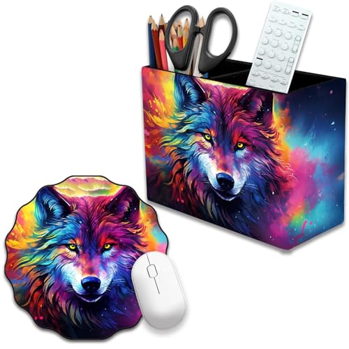 Pen Holder and Anti-Slip Mouse Pad Combination, Makeup Brush Storage Box, Tableware Storage Box, Suitable for Office and Home - Colorful Space Wolf - color: Colorful Space Wolf