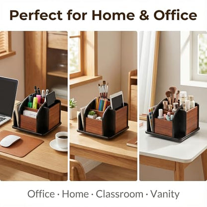 Wooden Desk Organizer with 6 Compartments, Remote Control Holder, Office Storage Caddy, Black and Brown Desk Organizer for Office Supplies