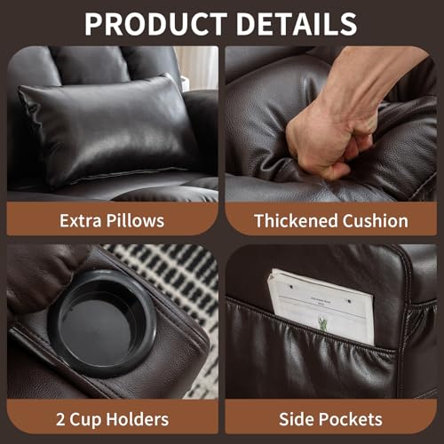 RV Loveseat Sofa with Massage & Heat,Wall Hugger Reclining Loveseat Recliner RV Couch with Cup Holders, Home Theater Seating with Front Porckets&Side Pockets, 2 Pillows, Faux Leather Brown - color: Brown, size: Loveseat