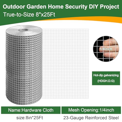 TNELTUEB 8in x 25Ft Hardware Cloth Hot-Dip Galvanized Welded Wire Mesh - Heavy Duty 1/4inch 23 Gauge Chicken Wire Fencing for Garden, Chicken Coop, Rabbit Cage, Rodent & Predator Protection - size: 8in x 25ft