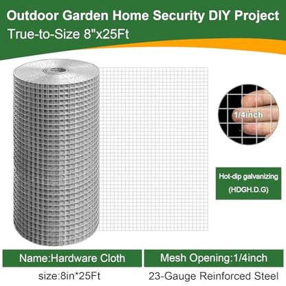 TNELTUEB 8in x 25Ft Hardware Cloth Hot-Dip Galvanized Welded Wire Mesh - Heavy Duty 1/4inch 23 Gauge Chicken Wire Fencing for Garden, Chicken Coop, Rabbit Cage, Rodent & Predator Protection - size: 8in x 25ft