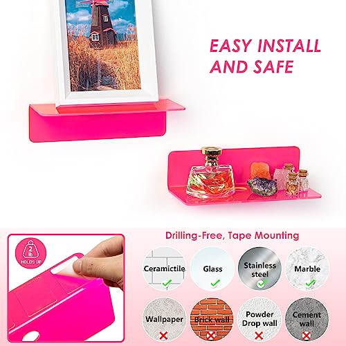 OAPRIRE Acrylic Floating Shelves Set of 2 - Easily Expand Wall Space - Small Wall Shelf with Strong Adhesive for Bedroom, Kids' Room, Bathroom, etc (Fluorescent Pink) - color: Fluorescent Pink