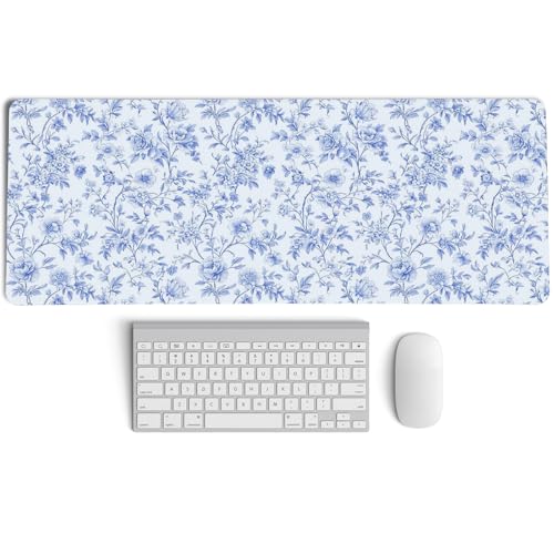 Light Blue Chinoiserie Mouse Pad,Vintage Blue and White Floral Desk Mat,XL Large Vintage Floral Preppy Mouse Pad,Girly Laptop Keyboard Mat for Dorm Home Office Decor,31.5x11.8 in - color: XL Blue Floral