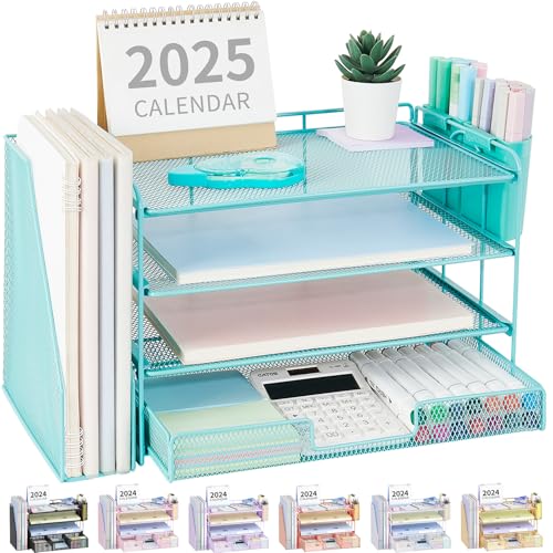 OPNICE Desk Organizer, 4-Tier Desktop File Organizer with Drawer and Pen Holders, Office Desk Accessories, File Sorters, Workspace Organizers for Office Supplies(Teal Blue) - color: Teal Blue, size: 4-tier