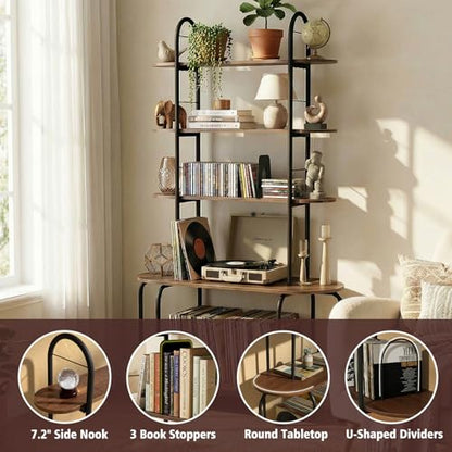 Faesun Record Player Stand with Storage, 5-Tier Turntable Stand with Charging Station, CD Storage with Adjustable Book Stoppers, for CDs, Vinyl Records, Books, Games, for Living Room, Bedroom, Rustic