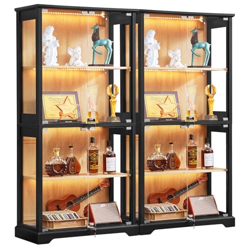 LELELINKY Farmhouse Glass Display Cabinet Set of 2 with Doors, Wooden Curio Cabinet for Collectibles with 3-Color LED Motion-Sensor Light & Reinforced Base, Black - color: Black, size: Set of 2