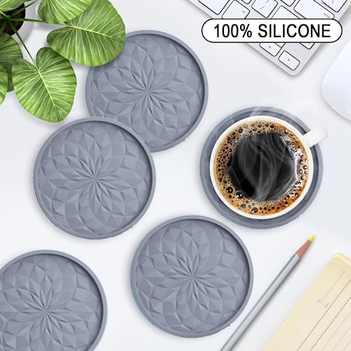 ME.FAN Silicone Coasters with Holder,[6 Pack] Drinking Coasters - Cup Mat for Hot or Cold Drinks, Thickened, Non-Slip, Non-stick,Deep Tray Light Grey - color: Light Grey