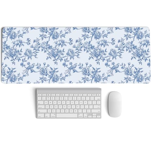 Light Blue Chinoiserie Mouse Pad,Vintage Blue and White Floral Desk Mat,XL Large Vintage Flowers and Birds Preppy Mouse Pad,Girly Laptop Desk Mat for Dorm Home Office,31.5x11.8 Inch - color: XL blue Floral Birds