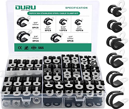 OURU 56PCS Cable Clamps Assortment Kit,6 Sizes—1/4" 5/16" 3/8" 1/2" 5/8" 3/4" Stainless Steel Rubber Coated Cushioned Insulated Cable Clamp,Automotive Cable Wire Clamps,Pipe Clamps,Metal Clamp - size: 56pcs - 1/4", 5/16", 3/8", 1/2", 5/8", 3/4"