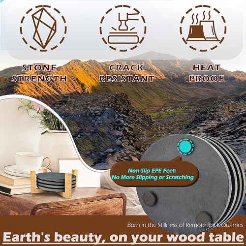 Slate Coasters Set of 4 with Holder - Black Round Stone Drink Coasters for Coffee Table, Anti-Scratch Coasters to Protect Wood/Glass Surfaces, Boho Home Mat Decor for Kitchen BarOffice (4 Pack)