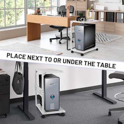 Bfttlity PC Stand Computer Tower Stand 2-Tier Metal CPU Holder with Locking Caster Wheels Suitable for Most PC (S, White) - size: Small-White