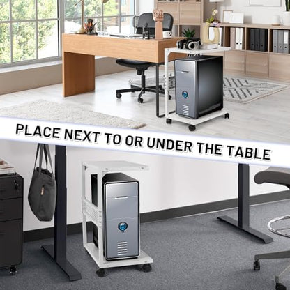 Bfttlity PC Stand Computer Tower Stand 2-Tier Metal CPU Holder with Locking Caster Wheels Suitable for Most PC (S, White) - size: Small-White