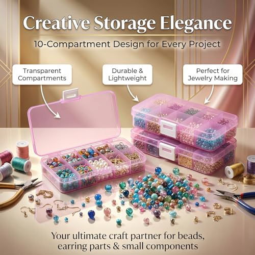 4-Pack Clear Pink Plastic Storage Boxes, 10-Compartment Durable Small Organizer Containers with Latching Closure, Ideal for Jewelry, Beads, Fishing Tackle, and Electronic Components - color: Pink