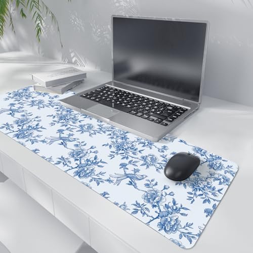 Light Blue Chinoiserie Mouse Pad,Vintage Blue and White Floral Desk Mat,XL Large Vintage Flowers and Birds Preppy Mouse Pad,Girly Laptop Desk Mat for Dorm Home Office,31.5x11.8 Inch - color: XL blue Floral Birds