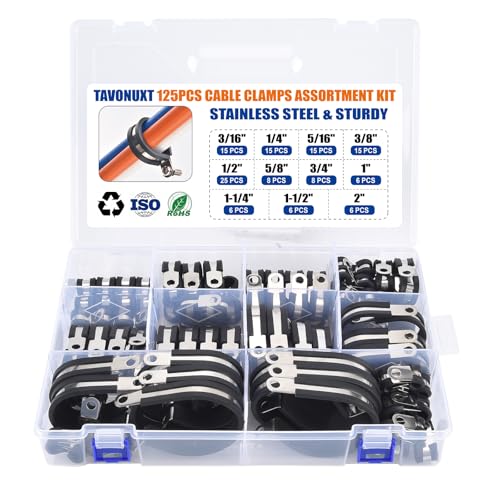125PCS Cable Clamps Assortment Kit, 9 Sizes (3/16" to 2") Stainless Steel Rubber-Coated Cushioned Clamps, Insulated Pipe & Wire Holder for Automotive, Fuel Line, Hose, Tube - size: 3/16 Inch - 2 Inch, style: KIT