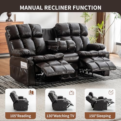 Loveseat Recliner Sofa with Massage & Heat, Flip Backrest, Reclining Home Theater Seating with Console, RV Couch Sofa with Bluetooth Speaker, USB/Outlet/Storage/Cup Holder/Side Pocket, Brown - color: Brown, size: Loveseat with Console