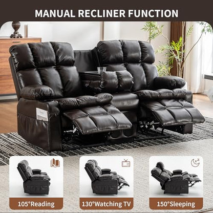 Loveseat Recliner Sofa with Massage & Heat, Flip Backrest, Reclining Home Theater Seating with Console, RV Couch Sofa with Bluetooth Speaker, USB/Outlet/Storage/Cup Holder/Side Pocket, Brown - color: Brown, size: Loveseat with Console