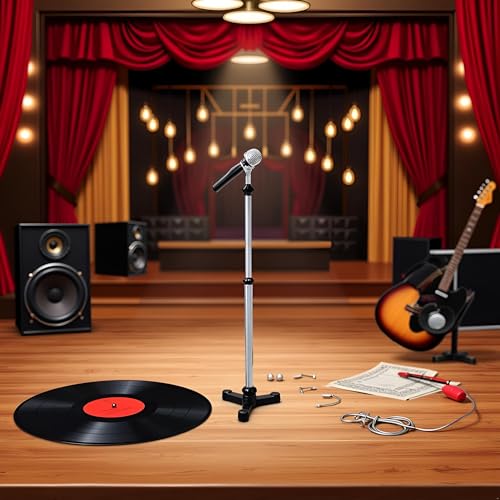 Black Mini Model Microphone,1:12 Dollhouse Miniature Scene Model Microphone with Stand Play Toy, Decortion, Dollhouse Furniture, Doll's Microphone Dollhouse Decoration Accessories(90 x 18 mm)