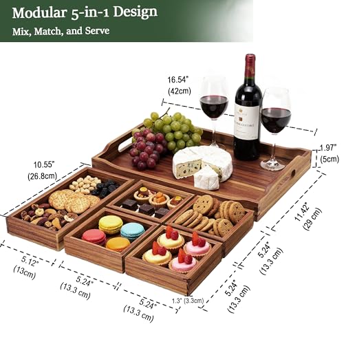 Serving Tray with 5 Removable Snack Boxes,Acacia Wood Snack Tray for Parties and Entertaining, Movie Night, Coffee Table and Charcuterie Serving - color: Snack Tray, size: Snack Tray