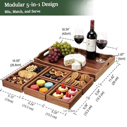 Serving Tray with 5 Removable Snack Boxes,Acacia Wood Snack Tray for Parties and Entertaining, Movie Night, Coffee Table and Charcuterie Serving - color: Snack Tray, size: Snack Tray