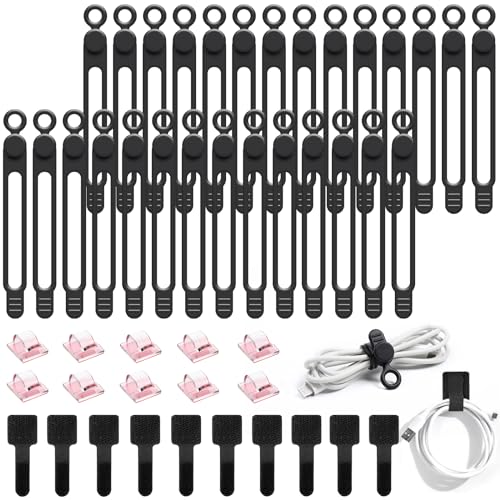 48Pcs Cord Organizer Kit, Reusable Elastic Silicone Cable Ties, Strong Adhesive Cable Clips for Cable Management, Multipurpose Wire Management for Bundling and Fastening Various Wires (Black） - color: Black-48pcs