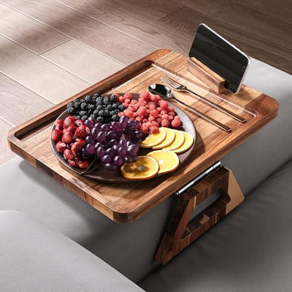 Acacia Wood Couch Arm Tray with 360°Phone Holder,Folding Sofa Armrest Tray,Couch Arm Table Clip-On Couch Desk for Drinks,Snacks,Phone,Remote Control - style: Phone Holder