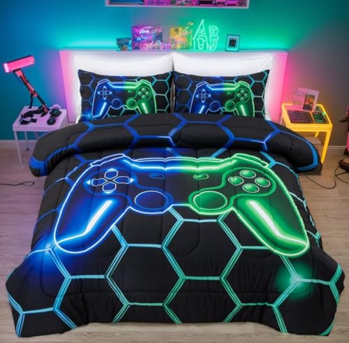 NTBED Game Console Comforter Set for Boys Girls Kids 3D Gaming Geometric Lightweight Microfiber Bedding Sets (Blue Green, Queen 5Pcs) - color: Blue Green, size: Queen