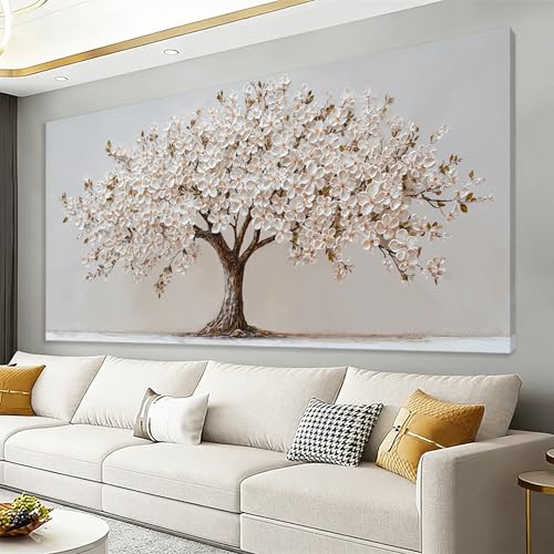 YISXINOAG Tree of Life Wall Art Modern Canvas Art Wall Decor White Flower Wall Decor Modern Flower Tree Painting White Pictures for Bathroom,Dining Room Ready to Hang Canvas Artwork Size 20"X40" - color: beige white, size: 40"L x 20"W