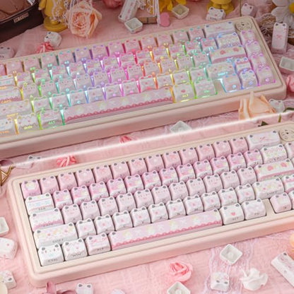 PBT Keycaps - Pink Meow Meow Keycap, 113 Keys Side Print Shine Through Cute Keycap, Mao Profile Custom Cat Keycaps for 60 65 75 100 Percent Cherry MX Mechanical Keyboard - color: Pink Meow