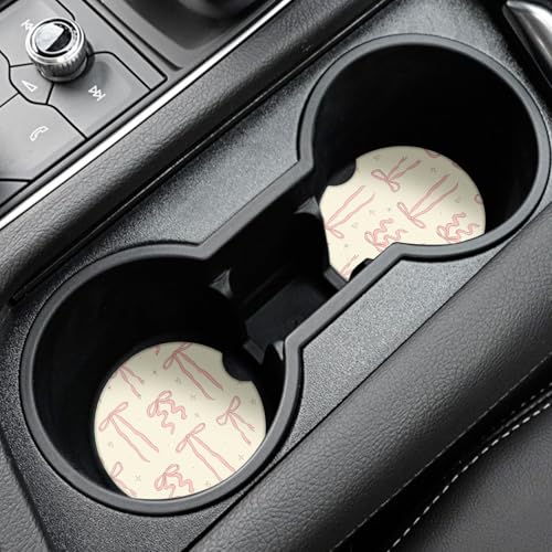 Cute Bowknot Car Coasters,Absorbent 2 Pack for Cup Holders with Finger Notch,2.56 inches Ceramics Heat Resistant Anti Slip Cork Base Car Drinks Coasters Auto Cup Holder - color: Cream Bows2