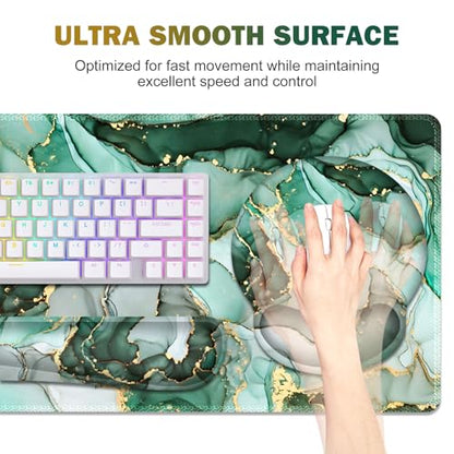 Gaming Mouse Pad, Large Desk Mat, Cute Desk Pad Protector, 4in1 XXL Mousepad + Keyboard Wrist Rest+Mouse Wrist Rest+Coaster Set with Ergonomic Desk Pad for Home Office PC Computer, Green Marble - color: Green Marble
