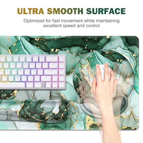 Gaming Mouse Pad, Large Desk Mat, Cute Desk Pad Protector, 4in1 XXL Mousepad + Keyboard Wrist Rest+Mouse Wrist Rest+Coaster Set with Ergonomic Desk Pad for Home Office PC Computer, Green Marble - color: Green Marble