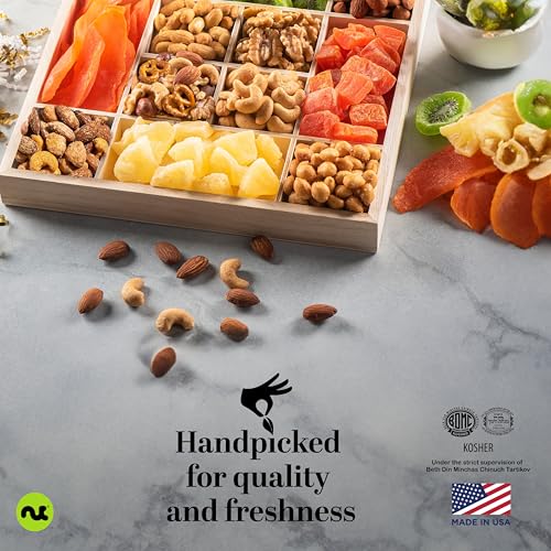 NUT CRAVINGS Gourmet Collection - Happy Birthday Treats, Dried Fruit & Mixed Nuts Gift Basket with Bday Ribbon in Reusable Wooden Tray (12 Assortments) Food Arrangement, Healthy Snack Food Assortments - style: 6. Happy Birthday Dried Fruits & Nuts Wooden