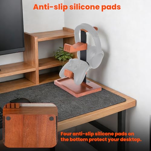 Solid Wood Game Controller Stand & Headphone Holder, Dual Controller Organizer for Xbox Switch Headset Gaming Equipment Stuff Desk Accessories Room Decor for Son Husband Boyfriend