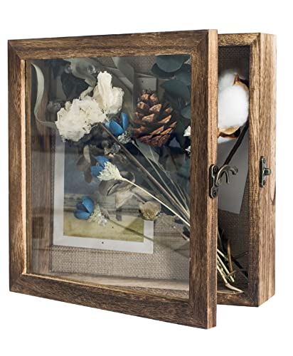 GraduatePro Shadow Box Frame 8x8 Display Case with Linen Back, Real Glass Window Door with Hinge, Picture Frame Wedding Bouquet Memorabilia Medals Photos Memory Box for Keepsakes, Carbonized Black - color: Carbonized Black, size: 8"x8" (20x20 cm)