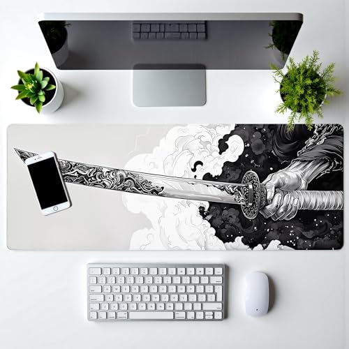 Katana Gaming Mouse Pad 31.5x11.8 Inch Large Black Long Extended Pads Big Mousepad Large Non-Slip Rubber Base Waterproof Big Keyboard Mat with Stitched Edges for PC Computer Laptop and Office - color: Katana