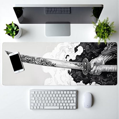 Katana Gaming Mouse Pad 31.5x11.8 Inch Large Black Long Extended Pads Big Mousepad Large Non-Slip Rubber Base Waterproof Big Keyboard Mat with Stitched Edges for PC Computer Laptop and Office - color: Katana