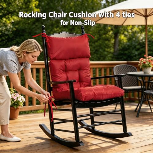 QILLOWAY Outdoor Rocking Chair Cushions Set of 2, 100% Polyester Waterproof Patio Rocking Chair Cushion, High Back Weatherproof Chair Pad for Adirondack & Outdoor Furniture, All Red - color: Red