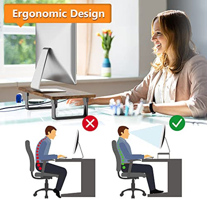Monitor Stand Riser with 50 LB Capacity, Stable Wood Computer Monitor Stand for Desk Organizers, Anti-slip Computer Riser Monitor Shelf for PC Laptop Notebook Printer Computer iMac, Rustic Brown