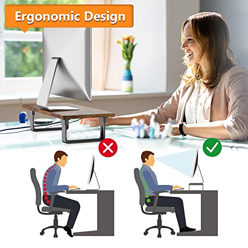 Monitor Stand Riser with 50 LB Capacity, Stable Wood Computer Monitor Stand for Desk Organizers, Anti-slip Computer Riser Monitor Shelf for PC Laptop Notebook Printer Computer iMac, Rustic Brown