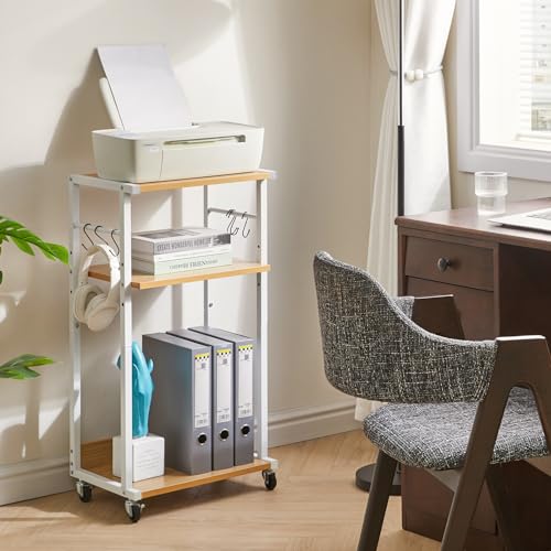 YMYNY Mobile Printer Stand, 3-Tier Printer Cart with Adjustable Storage Shelf and 6 S-Hooks, Tall Printer Table for Home Office, for Computer Tower Stand, Shredder, CPU Stand, Natural, UHPT002N - color: Natural-3 Tiers