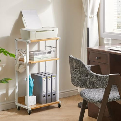 YMYNY Mobile Printer Stand, 3-Tier Printer Cart with Adjustable Storage Shelf and 6 S-Hooks, Tall Printer Table for Home Office, for Computer Tower Stand, Shredder, CPU Stand, Natural, UHPT002N - color: Natural-3 Tiers