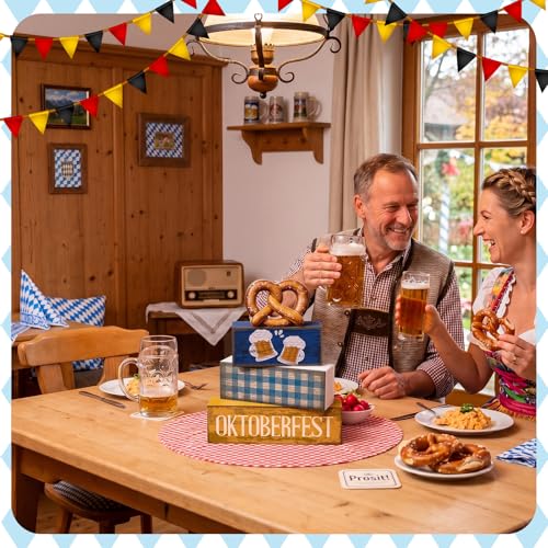 Yuntau 4 Pcs Oktoberfest Table Decorations Wooden Beer Tabletop Centerpiece Bavarian German Festival Tiered Tray Decor Rustic Oktoberfest Block Sign for Photo Prop Party - style: Oktoberfest