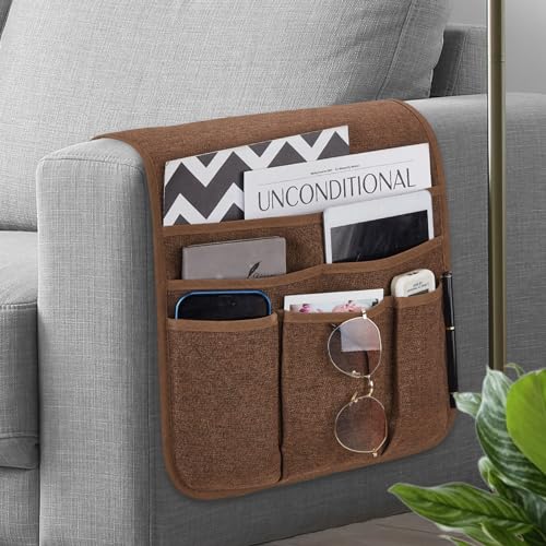 Teniux Remote Control Holder Armchair Caddy for Recliner Couch, Non-Slip Armrest Organizer with 5 Pockets for Magazine, Tablet, Phone, iPad (Brown) - color: Color B- Brown