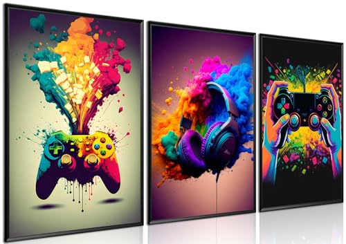 MUWAK Gaming Room Decor Wall Art Set of 3 - Video Gaming Controller Gamer Wall Decor, Gaming Canvas Poster Room Decor for Boys Room Kids Game Room Bedroom 16x24 in Unframed - color: Colorful Ink Game, size: Poster 16x24 inch