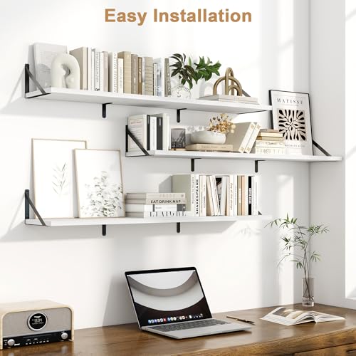 Fun Memories Extra Long Floating Wall Shelves, 48 x 8 Inches, Set of 3 Large Wood Floating Bookshelves with Metal Brackets for Storage & Display (White) - color: White, size: 48"W x 8"D