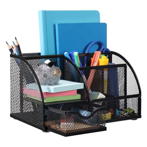 Comix Mesh Pen Pencil Holder Desk Organizer, 7 Compartment Wire Desktop Pen Pencil Cup Caddy Office Supplies for Home Office School, Black - color: 7 Compartments