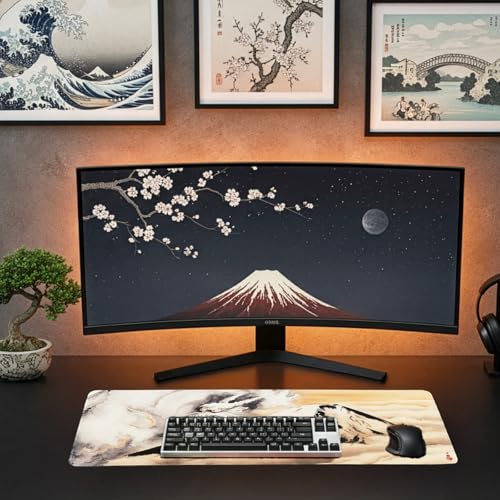BELLEMOND Japanese Art Desk Mat | Large 31.5x11.8in Anime Mouse Pad for Keyboard & Mouse | Non-Slip Base, Water-Repellent | Original Japanese Design | Guardian of Fuji - color: Guardian of Fuji